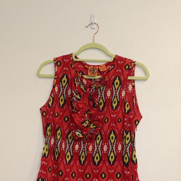 Tory Burch Red Multicolor Ikat Print Sleeveless Blouse Sz 2 - Picture 2 of 10